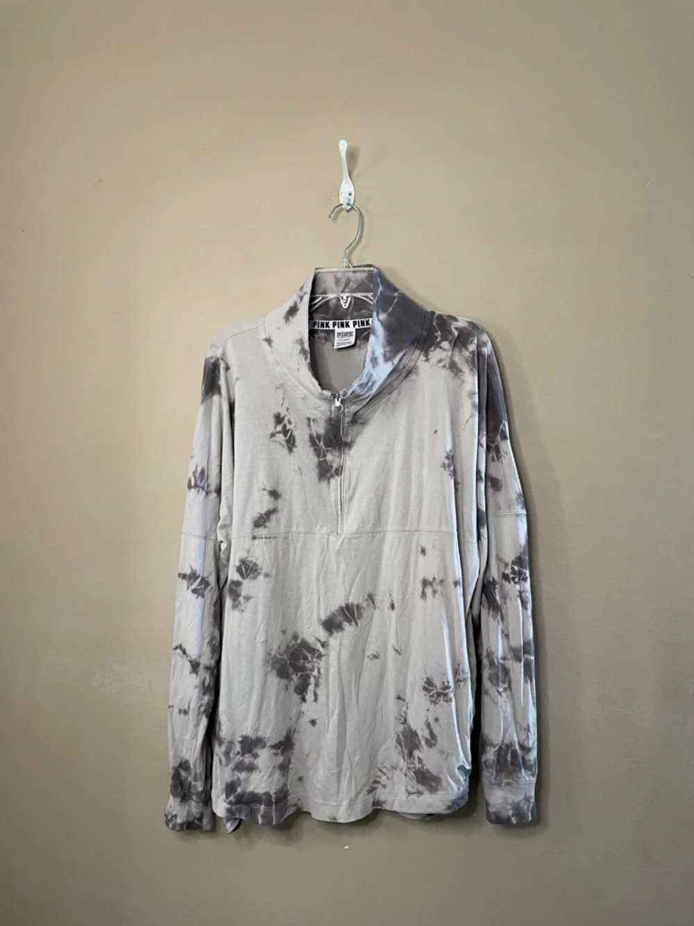 PINK by Victoria's Secret Gray & Charcoal Tie-Dye Quarter Zip Pullover SZ L - Picture 1 of 4